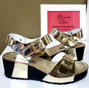 Gold metallic hobo wedge sandals